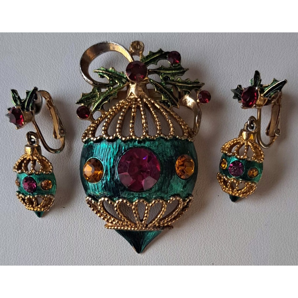 Vtg Rhinestone Christmas Bulb Holly Ornament Brooch Pin + Earrings